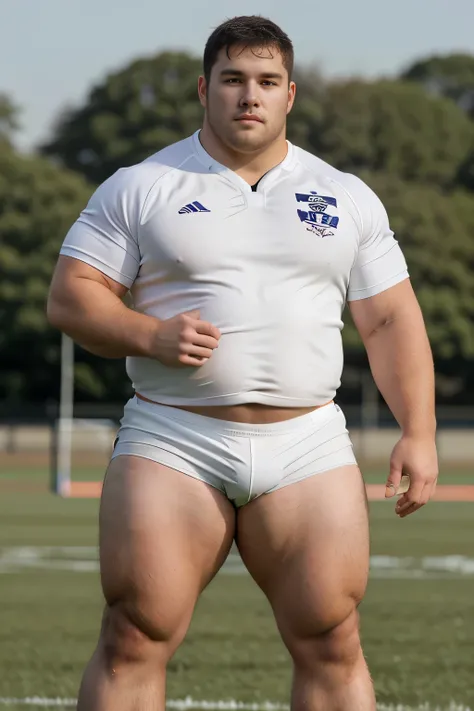 realistic, 24yo chubby beefy rugby player, muscle, standing in a rugby field , full body, early morning, light from the front , handsome, cute, sharp focus, white shirt, white very short rugby shorts , tiny shorts , pointed bulge in the crotch, huge testic...