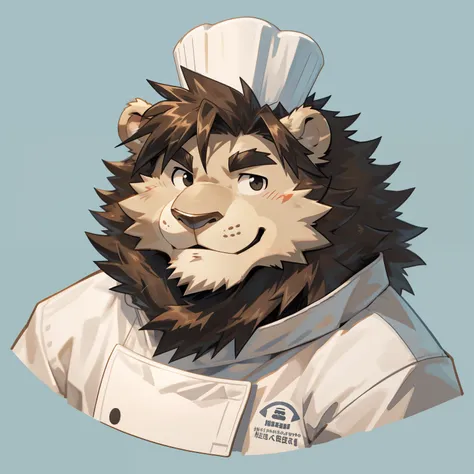 scribble lion face,cute face,humanity(lion), (brown hair:1.3),smile,chef hat,(black eyebrows:1.1),（one eye closed:1.2）,(perfect ...