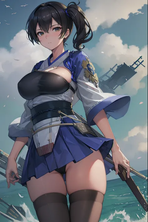 Kaga(Fleet Collection),highest quality, masterpiece, High resolution,kimono,blue skirt,side ponytail,big_breasts,