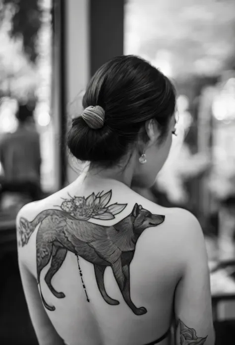 black and white photo of a womans back, having shiba inu tattooed on her back, close up