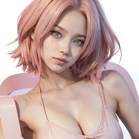 young woman, short shoulder-length pink hair, wide forehead, porcelain skin, pink eyebrows, big emerald green eyes, buttoned nose, full lips, heart-shaped face, slender body, small breasts, red tank top, Sakura Haruno , realistic, realism, details, 3d, wel...