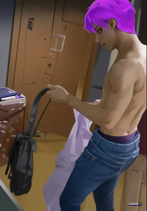 there are n boy latin skin purple hair good body standing they are 16 years old