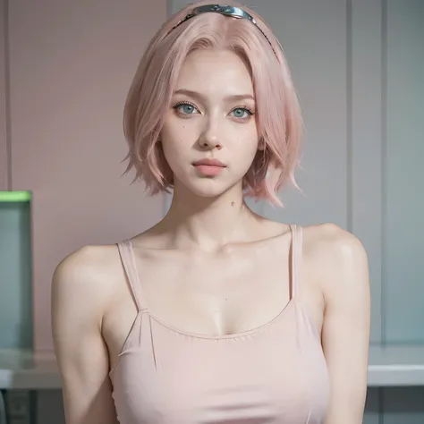 young woman, short shoulder-length pink hair, wide forehead, porcelain skin, pink eyebrows, big emerald green eyes, buttoned nose, full lips, heart-shaped face, slender body, small breasts, red tank top, Sakura Haruno , realistic, realism, details, 3d, wel...