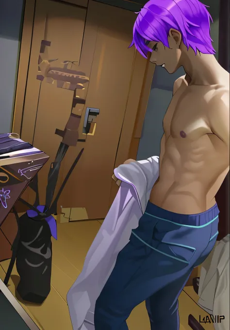 there are n boy latin skin purple hair good body standing they are 16 years old