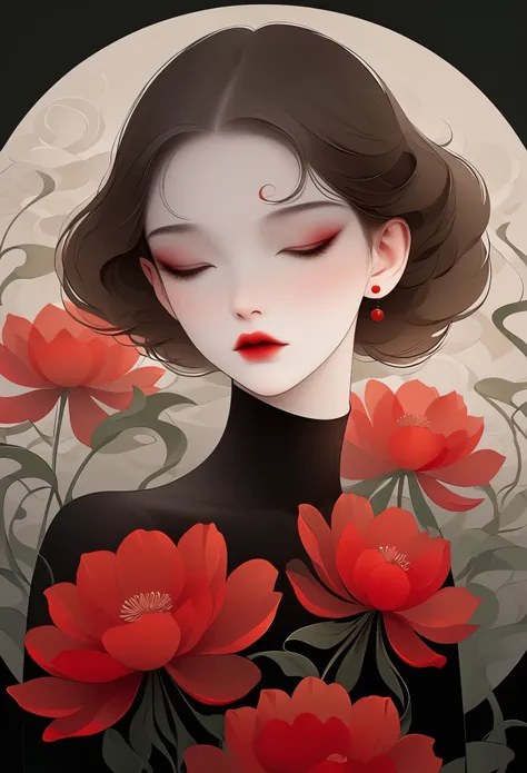 (masterpiece, best quality:1.2), 1 girl, alone,beautiful face，red lips，minimalist art nouveau，illustration style，black and red，f...