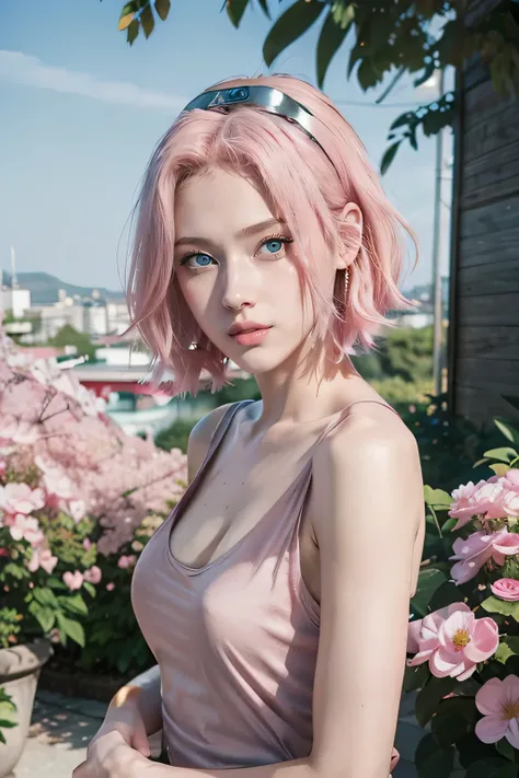 young woman, short shoulder-length pink hair, wide forehead, porcelain skin, pink eyebrows, big emerald green eyes, buttoned nose, full lips, heart-shaped face, slender body, small breasts, red tank top, Sakura Haruno , realistic, realism, details, 3d, wel...