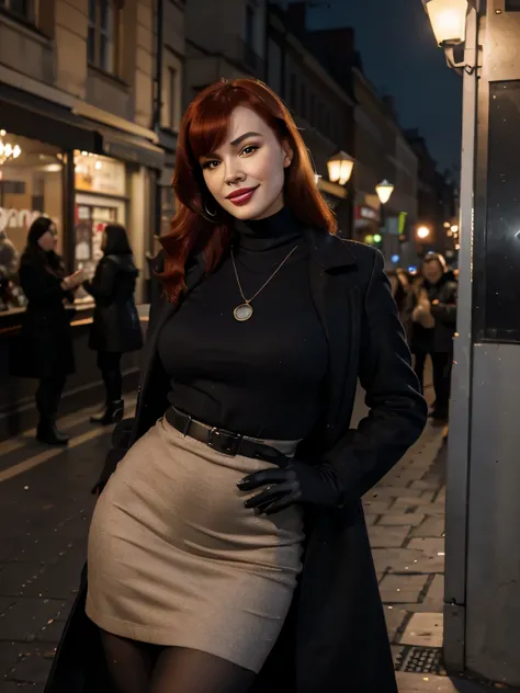 A beautiful smiling lips open Bettie page with red hair in a dark blue, long loose invernal black coat, black  gloves, in a large black turtleneck with a black small round pendant in a maxy long brown pencil skirt with a side slit, standing outside a cafe ...