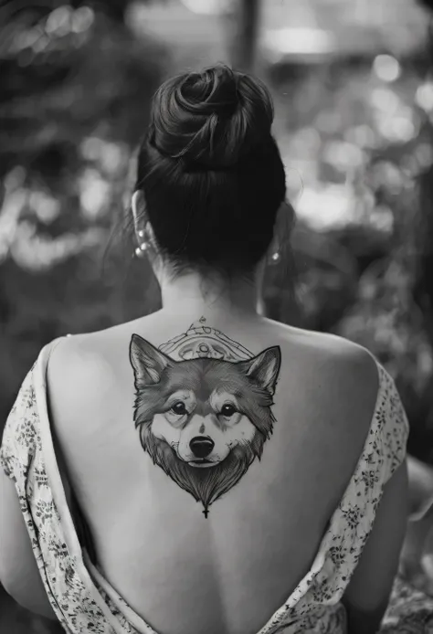 black and white photo of an old womans back, having shiba inu tattooed on his back