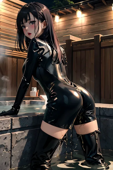 anime, best quality, high quality, highres, beautiful women, high detail, good lighting, lewd, hentai, (((black leather catsuit shorts))), (((leather thigh high boots))), black leather gloves, bare thighs, bare arms, (((wetting herself))), (((peeing hersel...