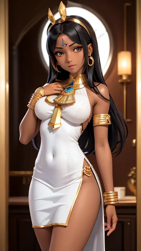 (masterpiece, best quality:1.2), 1girl, ishizu ishtar, dark skin, dark-skinned female, expressionless, closed mouth, looking at viewer, hand on own chest, eye of horus, egyptian clothes, sexy transparent white dress, live action
