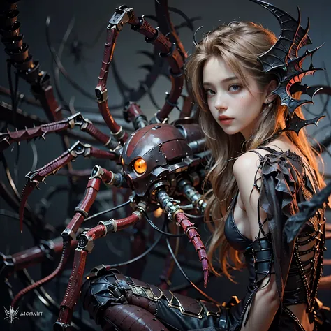 (best quality,ultra-detailed,realistic,masterpiece:1.2),girl with beautiful detailed eyes and lips in the upper body, body of a spider in the lower body, wings of a bat, partially mechanical elements, 16 years old, vibrant colors, detailed rendering of the...