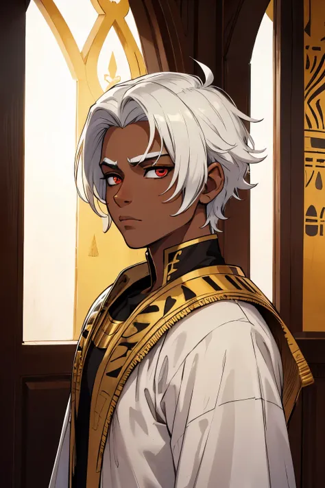 ((Alone)) young boy with dark skin, short white hair combed back, red eyes, Egyptian style, perfect eyes, perfect face, black and gold Egyptian clothes,