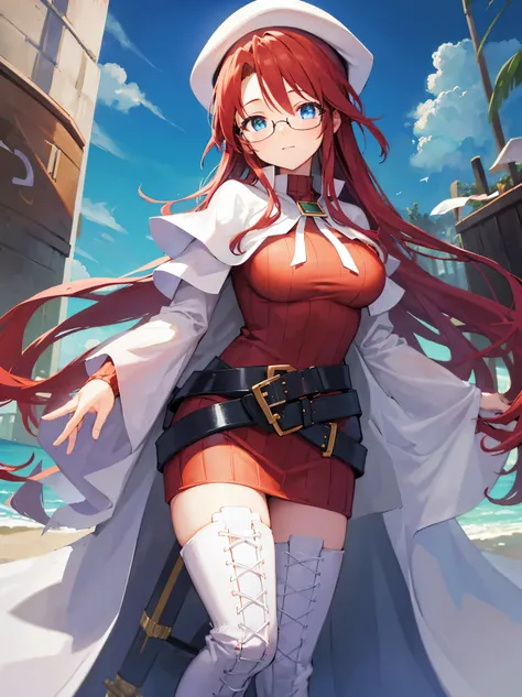 summonnightaty, aty, long hair, blue eyes, red hair, beret, hat, glasses,
BREAK long hair, thighhighs, hat, dress, boots, glasses, belt, cape, sweater, zettai ryouiki, beret, thigh boots, white footwear, ribbed sweater, loose belt,solo,
BREAK outdoors, fan...