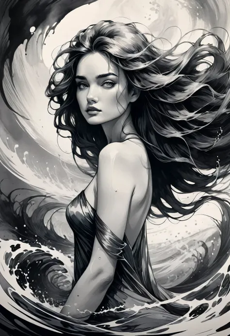 (best quality,ultra-detailed,realistic,ink drawing:1.2),wind-blown hair,woman,((Ashley Wood style)),female figure,expressive eyes,gently flowing dress,graceful pose,subtle shading,striking composition,dynamic lines,vibrant ink strokes,contrasting light and...