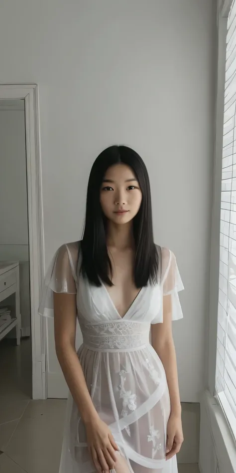 30 years old hong kong woman in white room, (purple sheer dress), try on haul, black straight hair, straight hair, instagram story photo