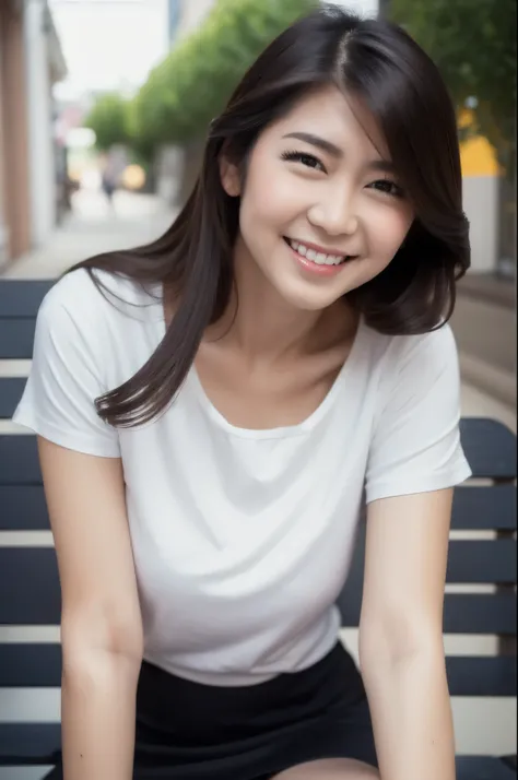 sitting on bench, white t-shirt, black short skirt, side street city background, photo of jessicave, solo focus, (detailed face), black hair, long hair, black eye, beautiful face, large breasts : 1.3, looking at viewer, cowboy shot, smiling