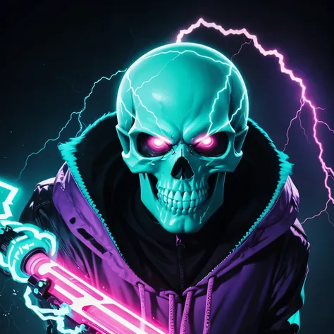 A colourful evil skull surrounded by neon lightning and turquoise themed 