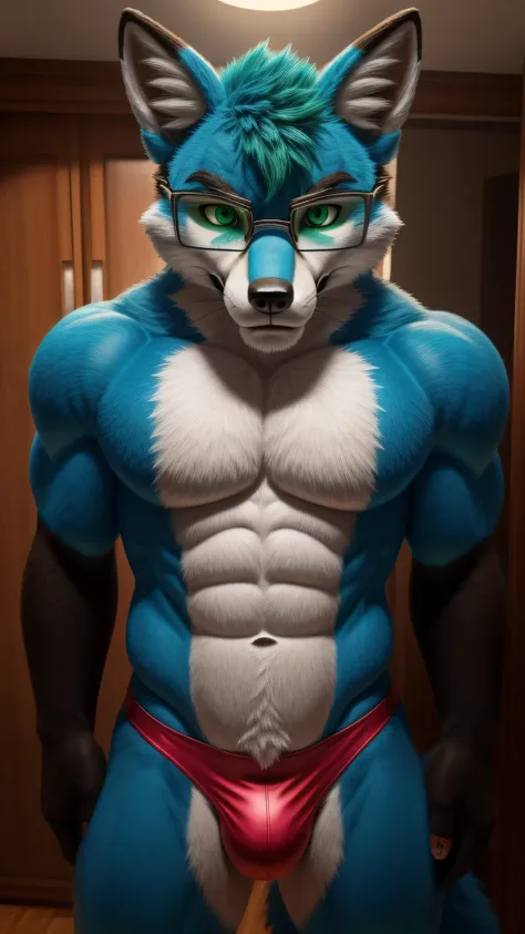 An adult muscular male Fox fursuit alone in Brazil a 30 year old Brazilian man looking at the viewer looks angry wearing a very sexy and tight thong and nerdy glasses blue fur and green eyes