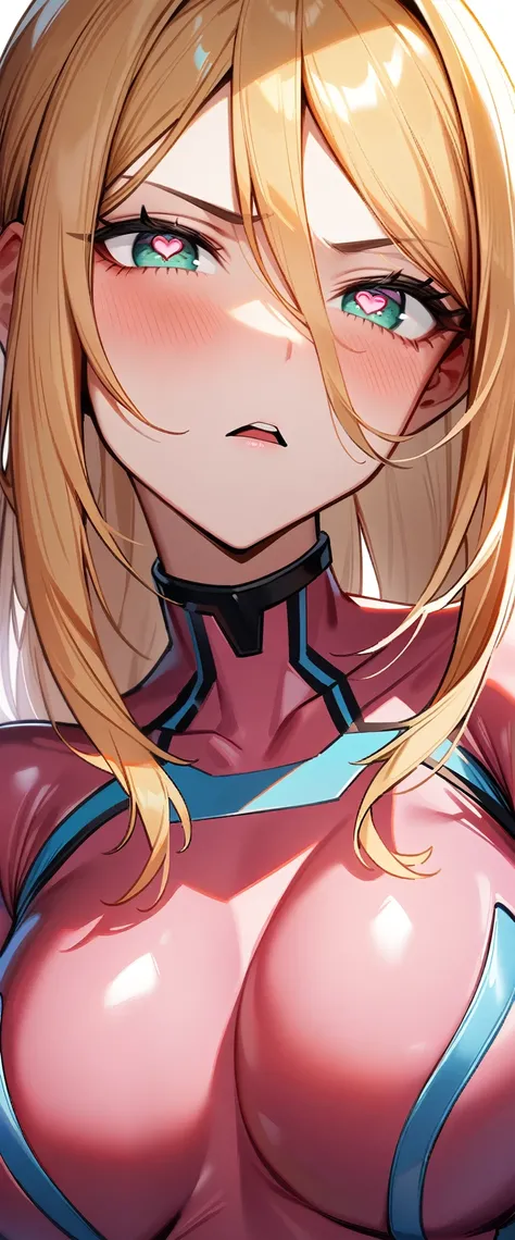 1girl,Samus aran,solo,green eyes,blonde hair,zero suit,pink body suit,dark red stripes,heart-shaped pupils,heart-shaped eyes,Science fiction,ultra-detailed,sharp focus,aesthetic,(best quality)