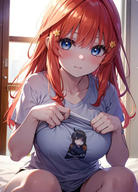 itsukinakano, itsuki nakano, bangs, blue eyes, hair between eyes, Ahoge, redhead, sleeping girl，smile，Bedroom， windows，Romantic morning sun，Extreme sunshine,morning,sun,sitting on the bed,Open T-shirt,Black string underwear,messy hair,wake up,good morning,...