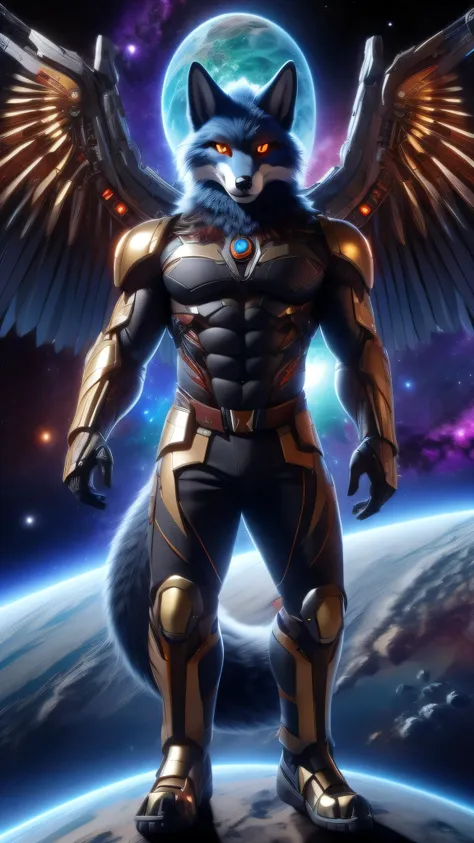 an adult muscular male fox fursuit looking at the viewer digital serious expression golden wings outer space and entire galaxy b...