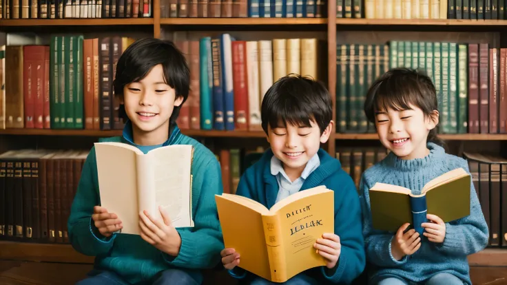 Happy boys and girls with books in hands 