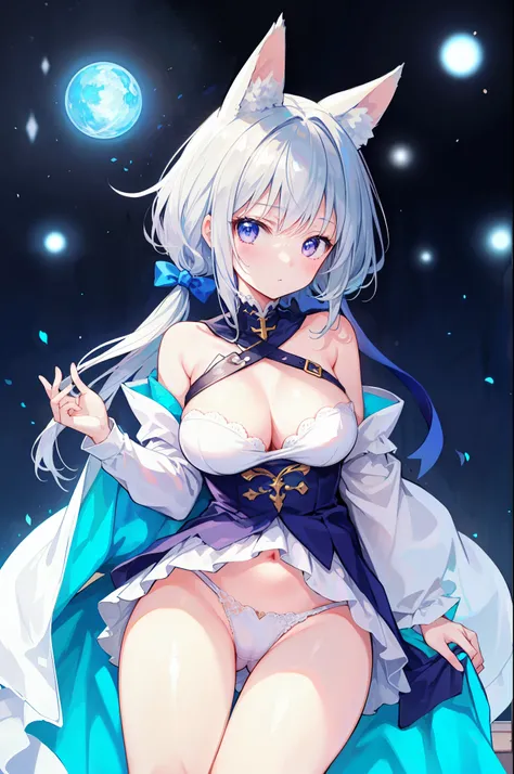 (highest quality)、((Super detailed))、(super delicate)、Sexy and cute priest、 girl、silver hair、Kemonomimi、beautiful breasts、beautiful thighs、Gorgeous、fantastic light