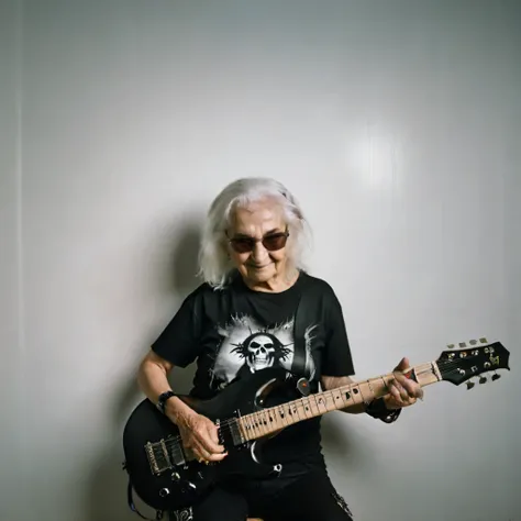 old lady with black metal t-shirt playing electric guitar, evil smile, fundo branco, backlight, cinematic lighting, f/1.8, Hasselblad, 35mm, de lado, Ultra HD, Anatomicamente Correto, preciso, alta qualidade, pele texturizada, super detalhe, Melhor qualida...