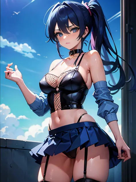 (masterpiece), best quality, expressive eyes, perfect face 1 hot anime girl, BLUE ponytail hair with skirt, Fishnet Sexy Garter Belt, big chest, nice ass, 8k