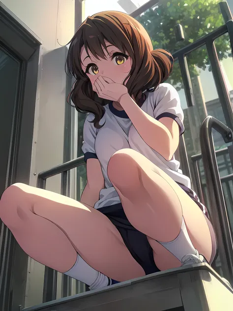 (NSFW:1.1), (realistic, photo realistic:1.2), ((highest quality)), move the center of gravity backwards, pretty embarrassing, oumae_kumiko_soundeuphonium, brown_hair, short_hair, brown_eyes, blush, bangs, (blue buruma:1.2), white gym uniform, athletic shoe...