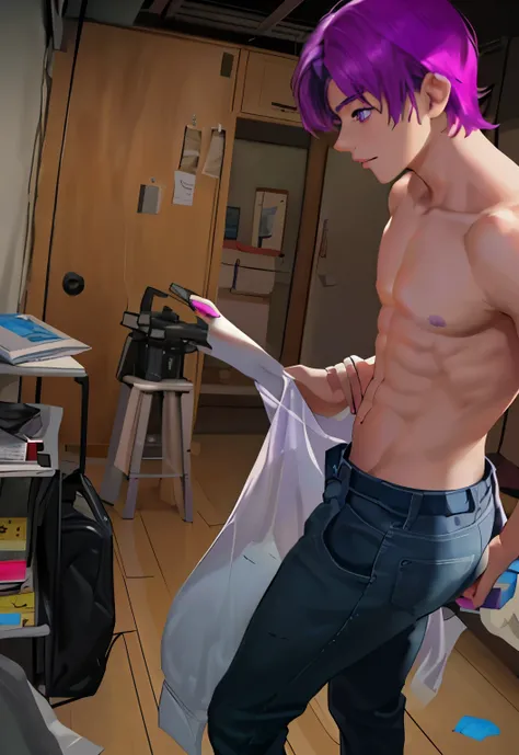 there are n boy latin skin purple hair good body standing they are 16 years old