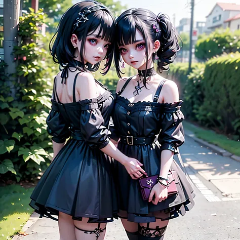 Summer day in the park (trees, flowers, sandy path),
Young woman(purple black hair), long braided pigtail reaching to the back, goth, consideration, black lace mini dress, white braids, bow, butt peeking out from under the skirt, black lace panties, earrin...