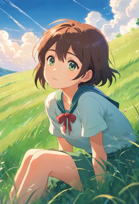 cute girl looking up the sky, grassy hill, ghibli, cute, anime