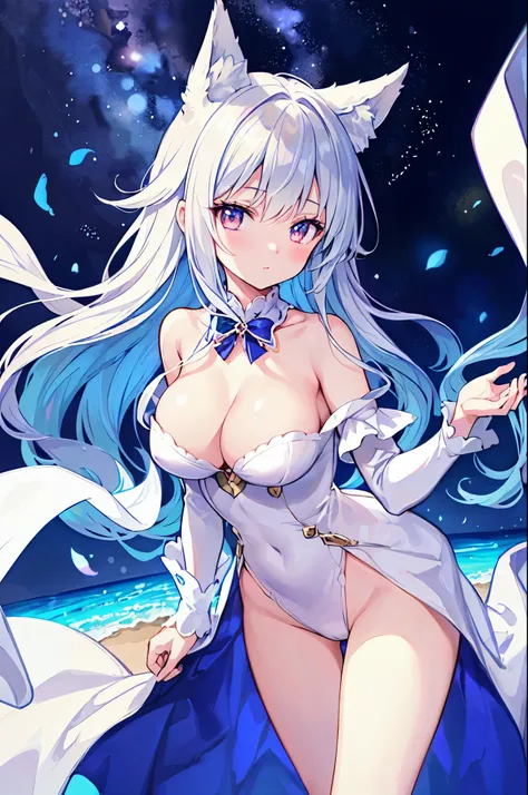 (highest quality)、((Super detailed))、(super delicate)、Sexy and cute priest、 girl、silver hair、Kemonomimi、beautiful breasts、beautiful thighs、Gorgeous、fantastic light