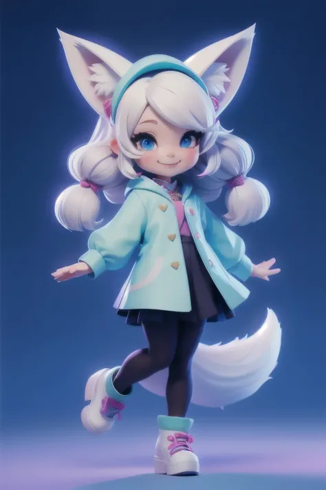 A girl with impressive white hair、Fox ears and tail、Hair Ornament、Black pantyhose、No sleeve、smile、cute shoes with accessories