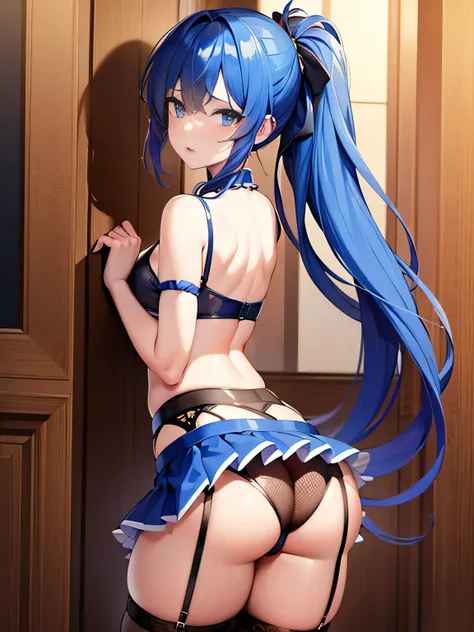 (masterpiece), best quality, expressive eyes, perfect face 1 hot anime girl, BLUE ponytail hair with skirt, Fishnet Sexy Garter Belt, big chest, nice ass, 8k