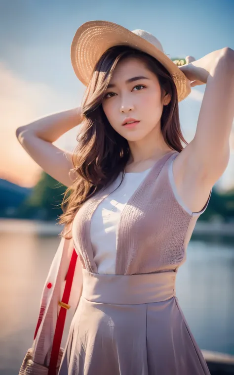 Highly detailed CG Unity 8k wallpaper, top quality, super detailed, masterpiece, realistic, photo realistic, very detailed girl, 25 years old, round eyes, viewer, blush, parted lips, upper body , armpit , summer sky , lake ,hotel , casual dress