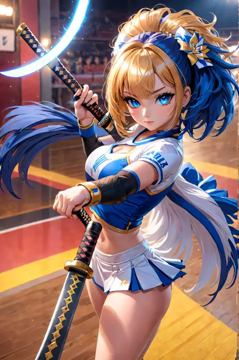 Woman, cheerleader, holding down a katana, perfect hands, fingerless gloves, ultra detailed face, ultra detailed hair, long eyelashes, sharp eyes, glowing blue eyes, cute pose 