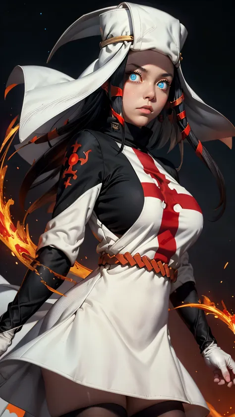 arrow, fire force, masterpiece, best quality,  ffarrow, symbol-shaped pupils, white headwear, red and white dress, long black sl...