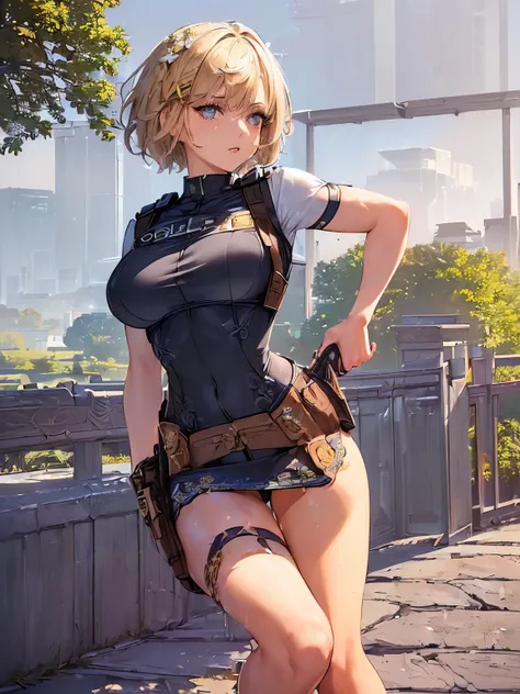 ((highest quality)),(ultra high resolution),(Super detailed),(detailed description),((best CG)),(best work of art),super precision art,great drawing art,(Art with precise details:1.5), (1 female police officer:1.8),(beautiful and well-shaped face:1.5),(Str...