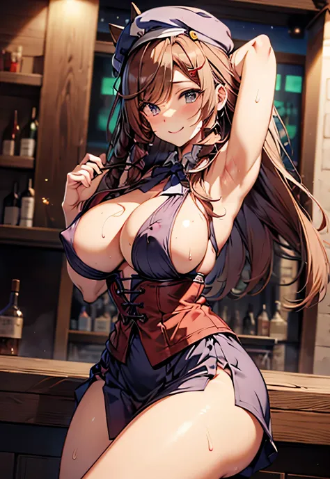 Erotic Anime Illustration、Highest image quality、A voluptuous, lewd idol flaunts her vagina at a bar、perfect proportions、Overwhelmingly big breasts beyond the norm、thick legs with fat、big areola、Beautiful shining eyes、cowboy shot、smile、shaved pussy、exposing...