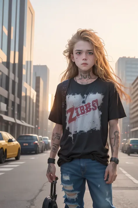 image of a 10-year-old boy, wearing a dirty torn t-shirt, torn black jeans, tattoos on his arm, long blonde hair, big hair, green eyes, thin body, senario post-apocalyptic city filled with zombies. 4k ultra realistic image