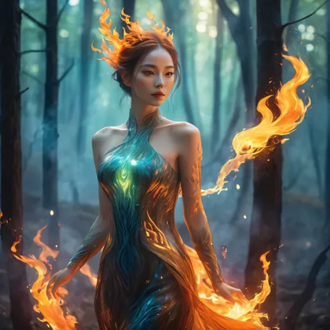 ,portrait,In this fantasy-style painting,aaqueen of flame with a translucent glowing body wanders through a mysterious forest,surrounded by fire,upper_body,