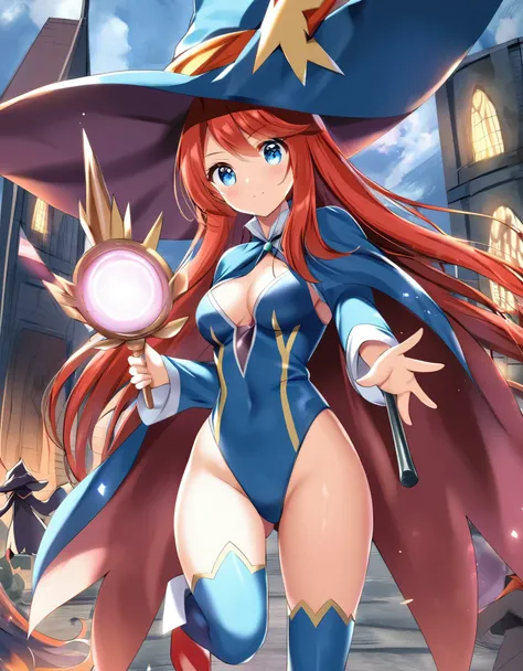  a cartoon of a woman dressed in a superhero costume holding a wand, witch academia, superhero sorceress witch, glamorous angewoman digimon, sky witch, by Aguri Uchida, maya ali as a lightning mage, leotard, blue leotard with white accent, bare legs, blue ...