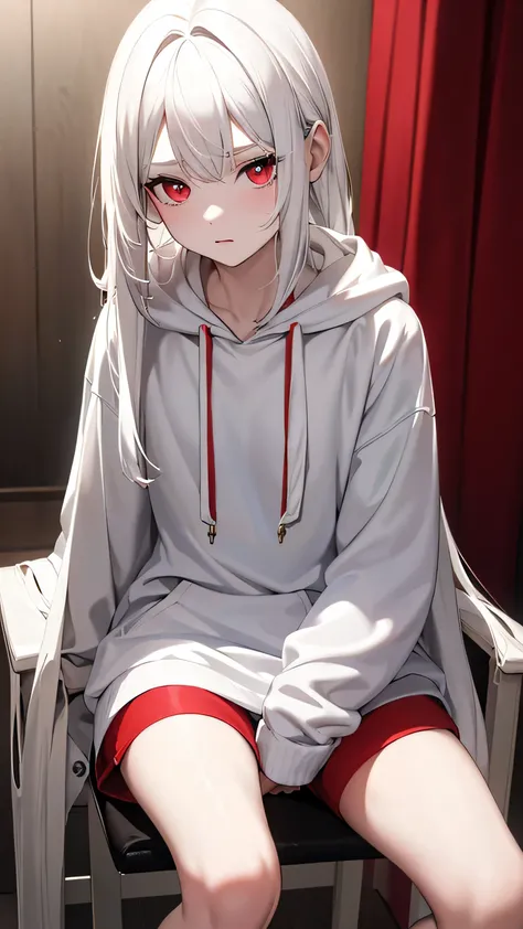 12 years old, , , pale white skin, long white hair, oval face, bright red eyes, wearing a white hoodie jacket, shorts, sitting on a chair, room background, close-up, dramatic lighting.