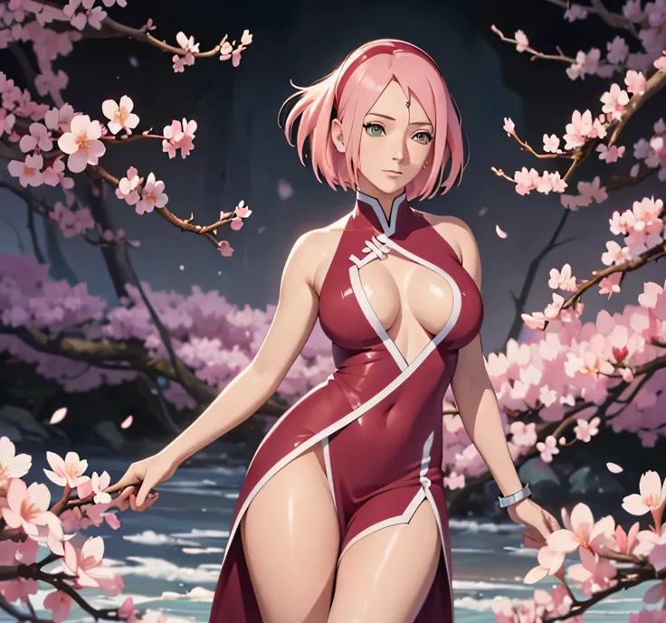 Sakura Haruno, exposed leg dress, mature body, beautiful face, sensual pose, large buttocks, illustration, high-resolution, ultra-detailed, realistic, vibrant colors, soft lighting, cherry blossom theme