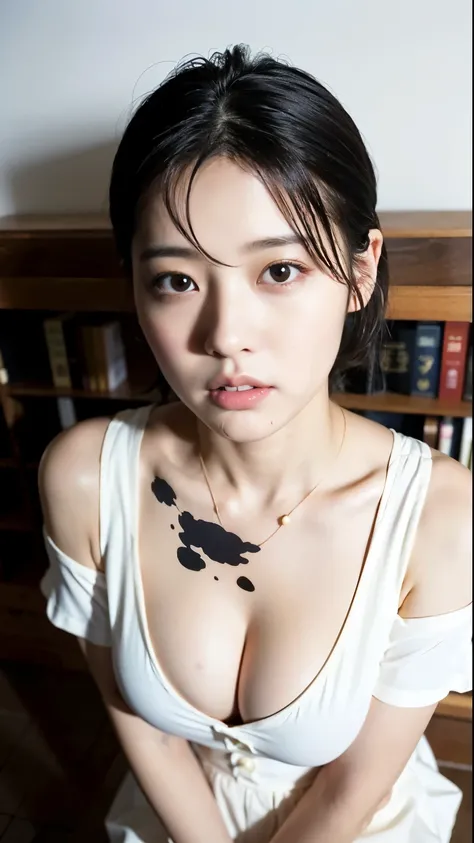 (highest quality, 8K, 32k, masterpiece, UHD:1.2),beautiful japanese women pictures, 18 ～ Random age between 35 years old,cleavage、medium meat、sexy thighs、,(black,short hair:1.2),In front of the bookshelf in the library,(open white shirt:1.3),cleavage、nippl...