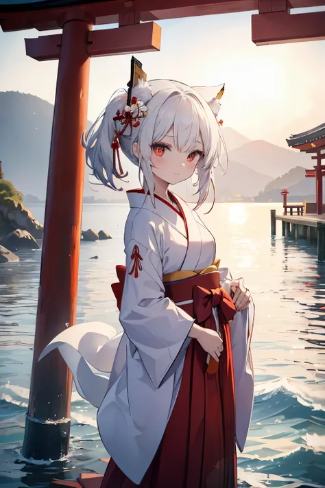 Amidst the tranquil expanse of the Sea of Japan, a chibi Yokitsune girl with white hair floats serenely, her small stature contrasting the grandeur of the surroundings. Nearby, a solitary torii gate stands tall against the backdrop of waves, symbolizing th...