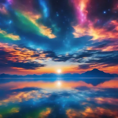 the sky is reflected in the mirrored sea,a 美しい sky spreads out,dream-like,a wonderful view spreads out,,highest time to you,high...