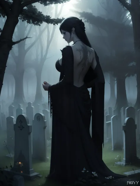 woman, goth, ethereal mist, royo, backlit, graveyard in background, fantasy concept art  , perform rituals in the cemetery ((ver...